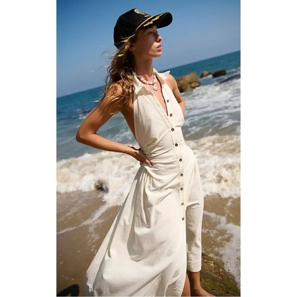 Rare~ Free People Back At It Halter Midi Dress in Ivory Size M ~ NWT